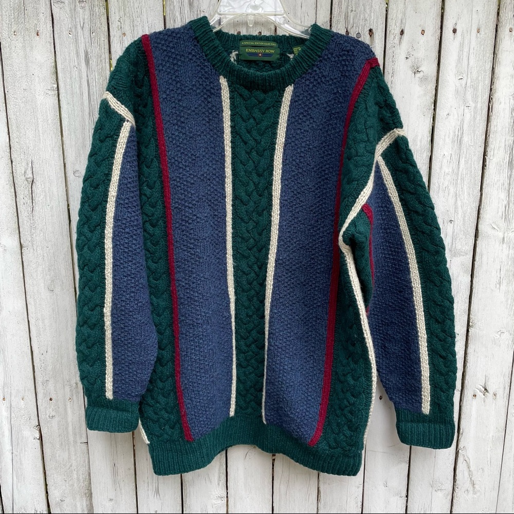 Embassy Row green & blue hand knit wool sweater mens M vintage